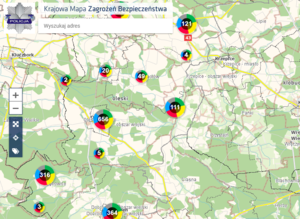 Zrzut z ekranu z KMZB z widocznymi zaznaczonymi w różnych kolorach zagrożeniami.