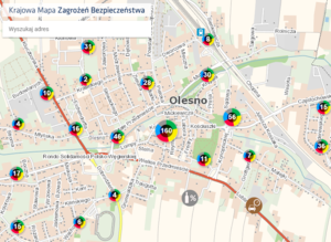 Zrzut z ekranu komputera. Mapa Olesna i okolic z naniesionymi punktatorami z ilością poszczególnych zgłoszeń .